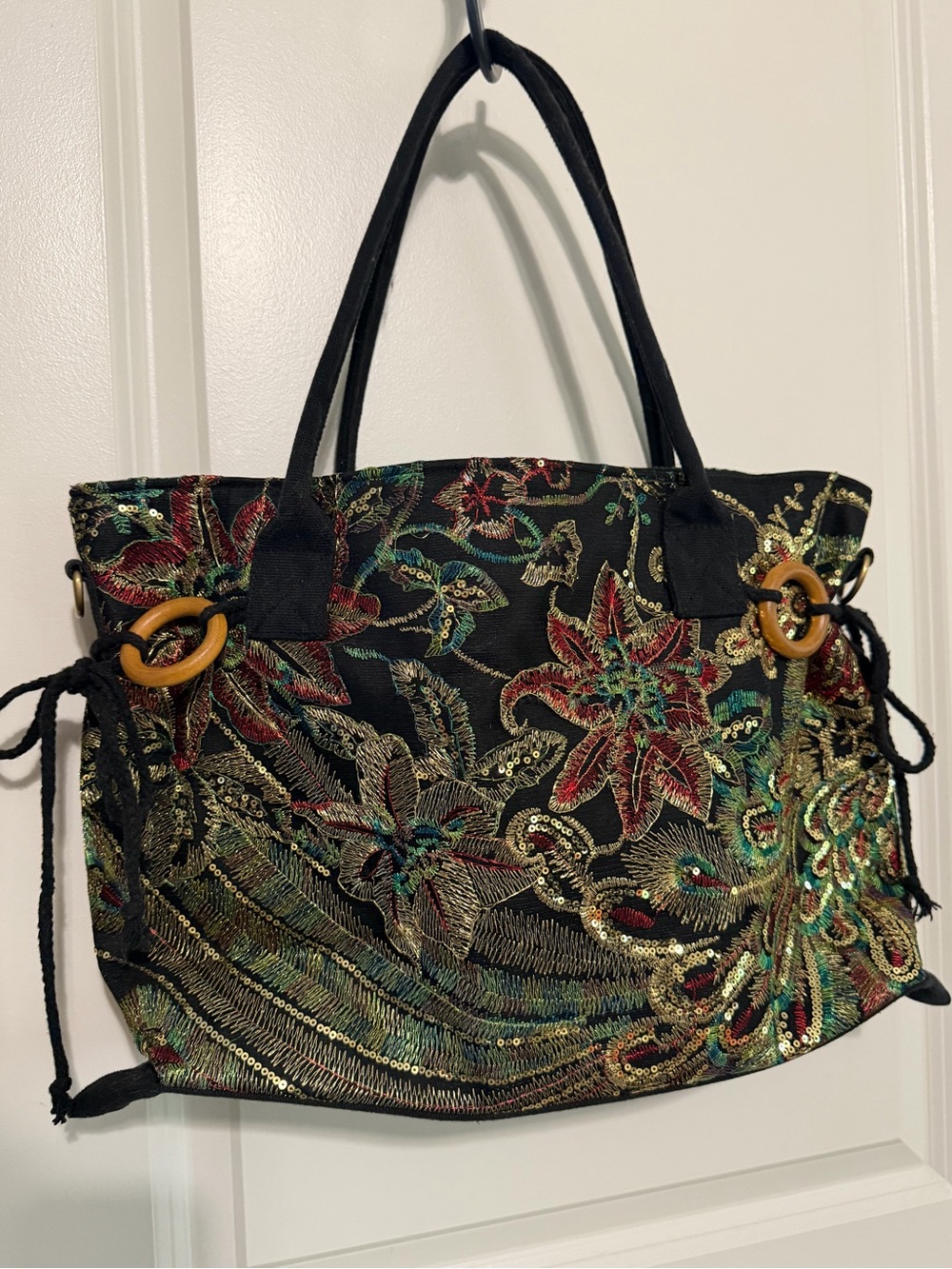 Embroidered Black Floral Tote Bag with Sequin Accents